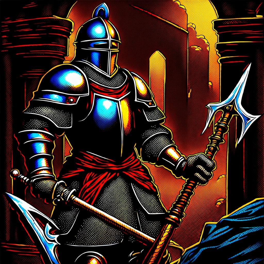 90's TCG art retro fantasy art of a knight with a flail