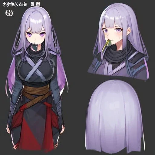 High quality, Detailed, Black long hair, Purple eyes, mouth open, blushing, ninja clothes, concept art