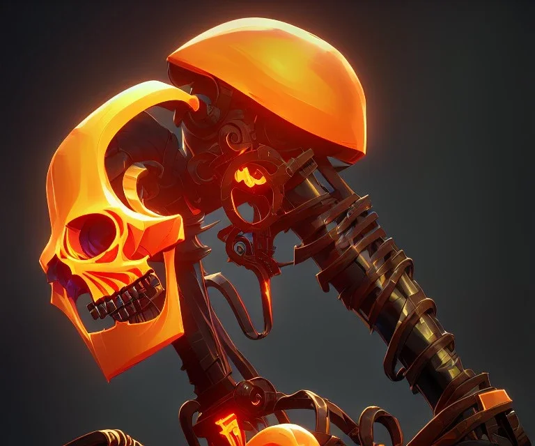 a clamp tool gripping a skull, color yellow-orange striped construction, robotic arm ending in clamps, Phyrexian background