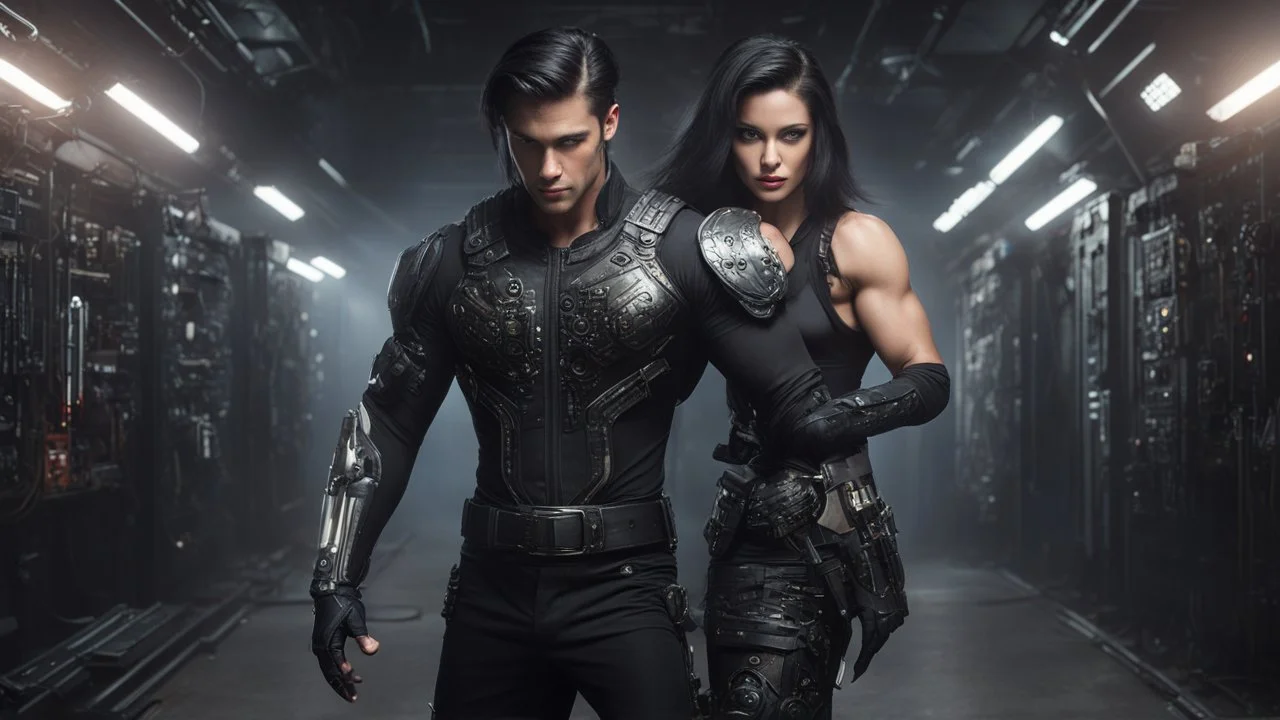 Hyper Realistic Young handsome muscular man with-short-black-hair & a soul patch wearing a skintight black long sleeve shirt cybernetic armor utility belt has weapons on it dancing with a beautiful-lady-with-long-black-hair wearing-circuit-patterned-gown in an underground control room with cinematic & dramatic ambiance"