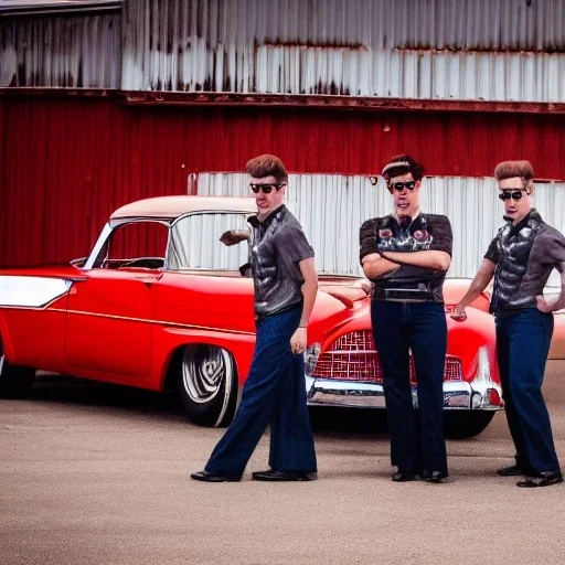 a 50s Greaser BAND standing in front of a hot rod