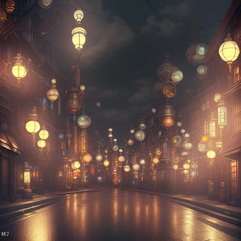 low-light japanese city street with laterns and clouds, map view, realistic, steampunk, 3d-art, futuristic, minimal design, unreal engine, ray-tracing