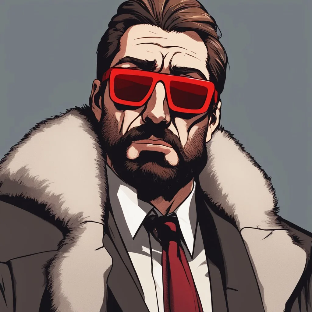 a young man with big muscles who looks like hans gruber wearing a heavy coat and red sunglasses staring with a disgusted look on his face