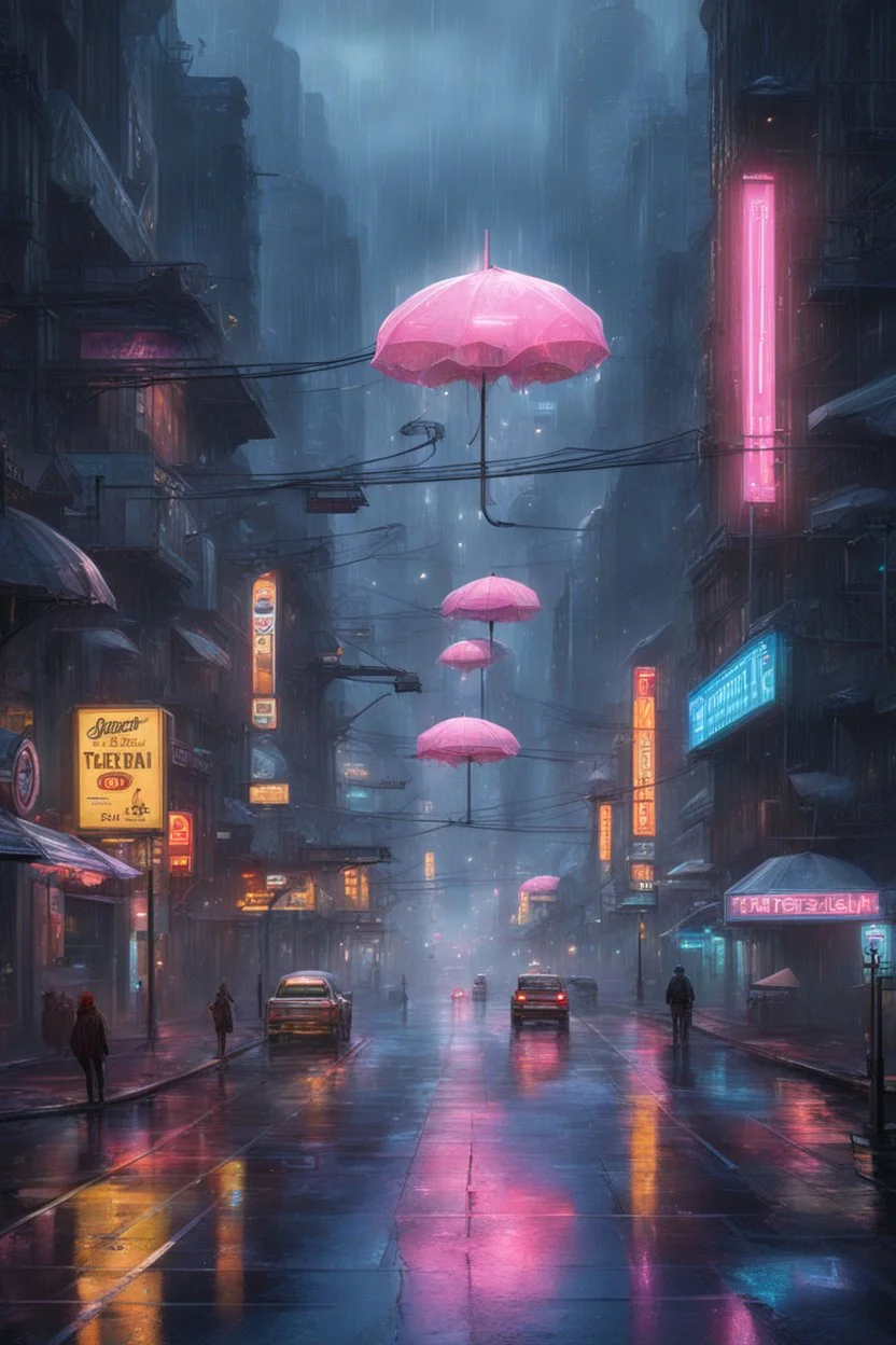 Higtech futuristic city street on a rainy, drizzling evening. The wet pavement reflects the cold light of futuristic neon signs and street lamps and creates a special atmosphere. some cars are parked on the street and some pedestrians are hurrying with futuristic floating umbrellas or transparent protective bubble in the rain on the street.