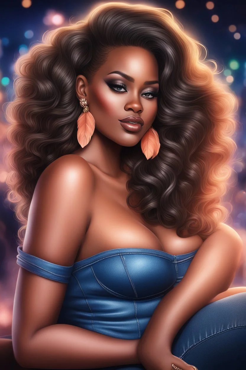 create an airbrush illustration of a curvy black female wearing Tight blue jeans and a peach off the shoulder blouse. Prominent make up with long lashes and hazel eyes. She is wearing brown feather earrings. Highly detailed long black shiny wavy hair that's flowing to the side. Background of a night club.