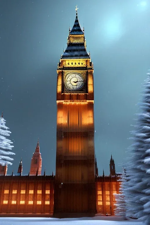 Big Ben, Realistic night christmas, snow, 4k, big tree christimas, intricate, bump