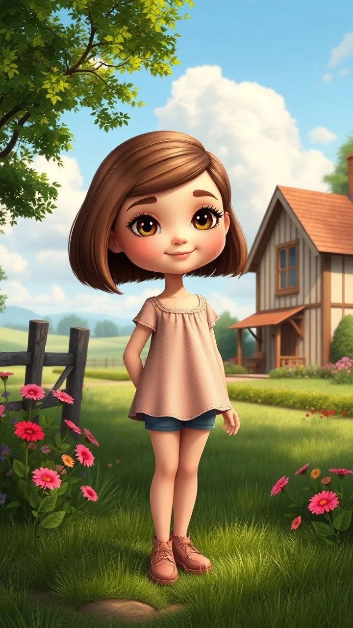 cartonic child girl with realistic face and bob hair and makeup in pretty top and short tight and nice shoes,standing in country side next to country house with flowers,trees.