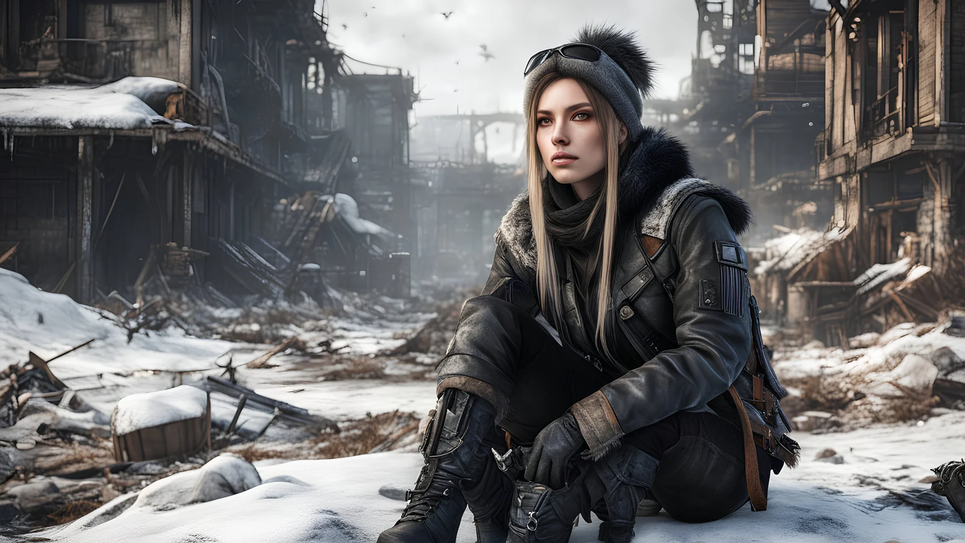 winter, portrait (28 year (1woman)), in (post-apocalyptic:1.1) style, in black desert, face in the center, (sitting:1.1), (medium full shot), ultra details, perfect composition, super detailed, high detail, cinematic composition, post-apocalyptic, atompunk, hyperrealism, (ruined city) in the background