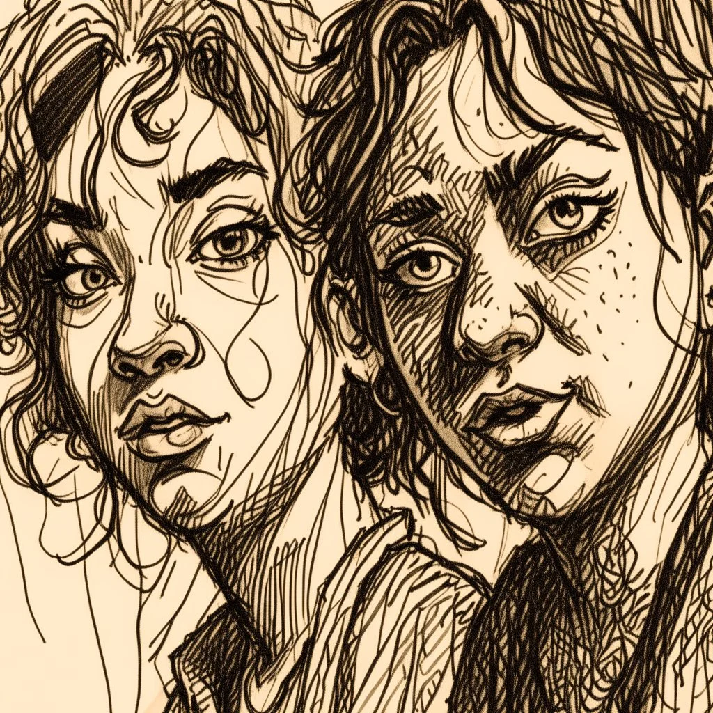 a drawing of two women's sketched on paper, in the style of quirky expressions, rusticcore, chiaroscuro sketches, yosuke ueno, rough clusters, close up, comical caricatures