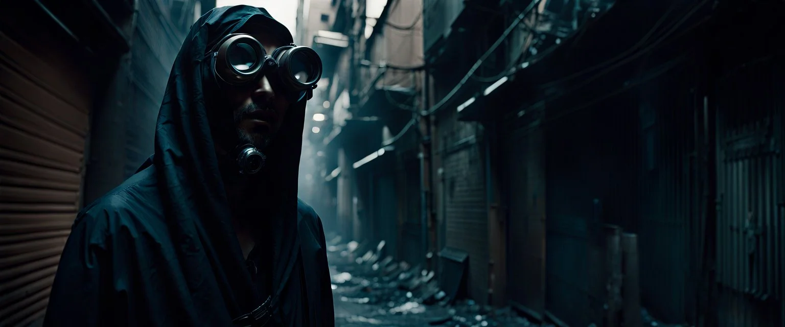 Whispers in the dark alleys of the surviving cities speak of Kai Virtuoso - the ghost in the machine. Draped in garments seamlessly integrated with camouflage tech, and goggles perpetually projecting data streams before his eyes, imperfection, natural lighting, cinematic, Fuji Film, Anamorphic lens, 2040s, Solarpunk