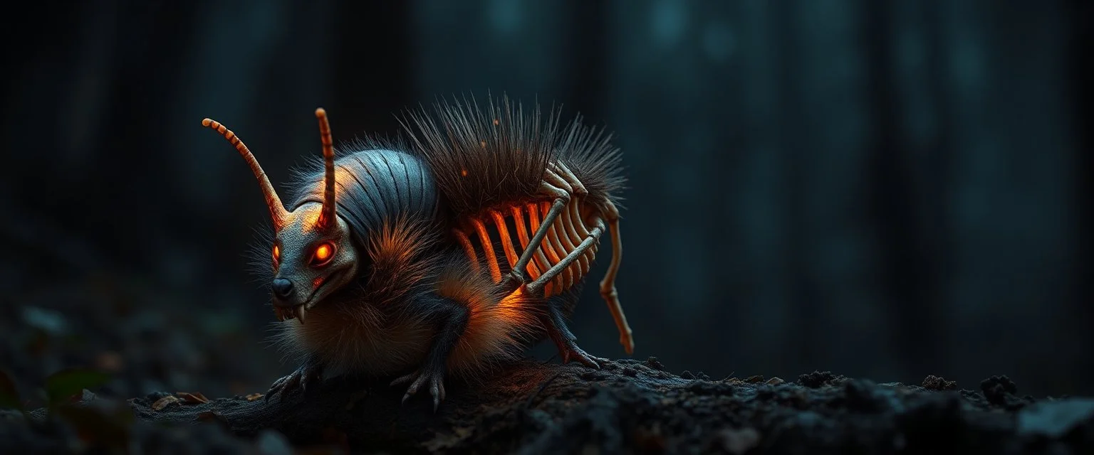 radiant werewolf snail thick Skeleton with lotsa fluffy fur, motion blur background dark forest