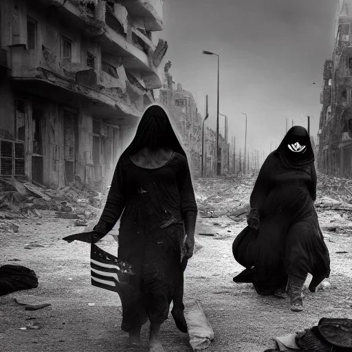 women, faces covered in black masks, ragged clothes, holding flag, realistic, Life Magazine photgraphy, war-torn, destroyed city in the background, 8k resolution, hyperrealistic, detailed matte painting, b&w, dynamic lighting, war, anarchy, rebels, terrorists