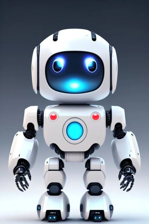 cute minimalistic robot with a big head, small body, digital face with pixeled eyes, happy face, oval body, head and body together, white skin, no legs, no feet, integrated painter arm, 3/4 angle, awesome pose, white background