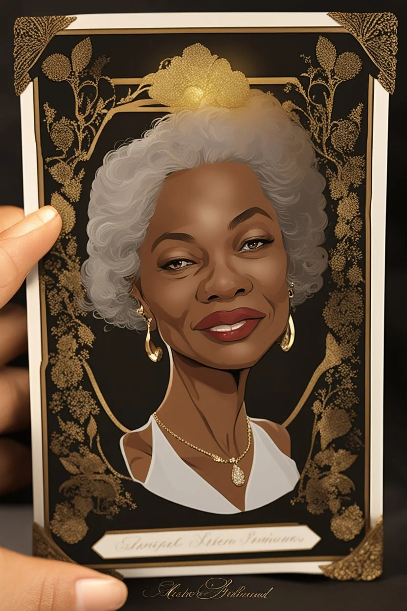 very upper class uber elegant funeral bookmark for an elderly exaggeratedly beautiful Biracial Black woman in shimmering black cardstock, backlit lighting, 24K, very detailed and feminine, calligraphy in golden fonts,