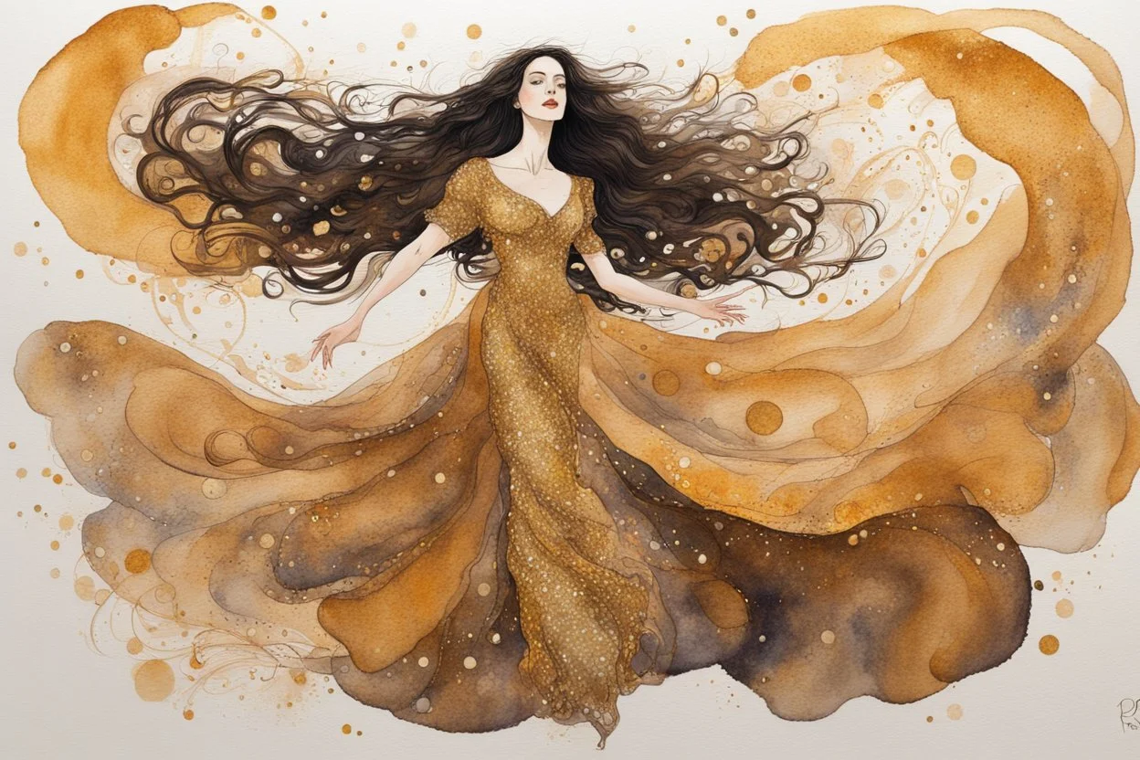 Dynamically dancing long haired brunette woman, in Klimt style, in ochre, watercolor and ink, golden glitters