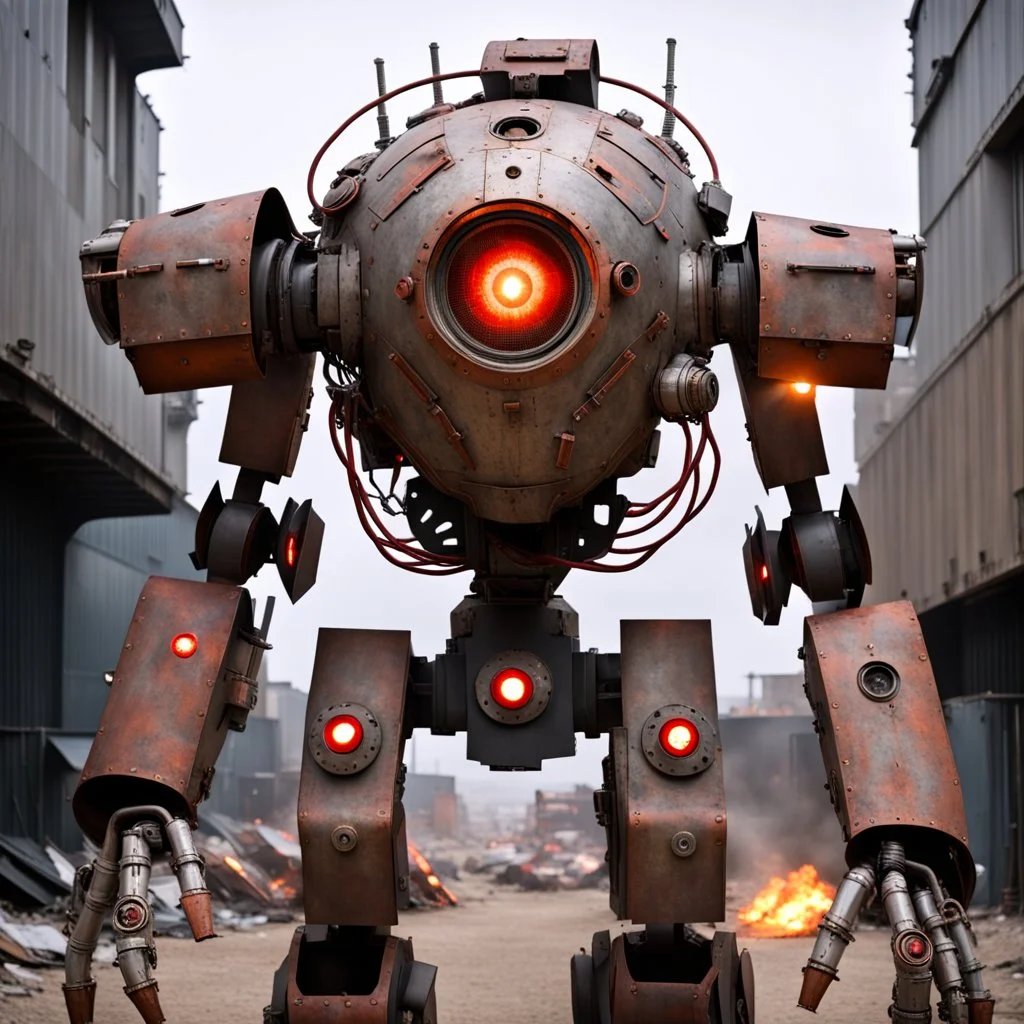 trash mech suit, human-sized, made of scrap metal, cockpit, light rust, round, one red glowing eye, loose wires, escape hatch