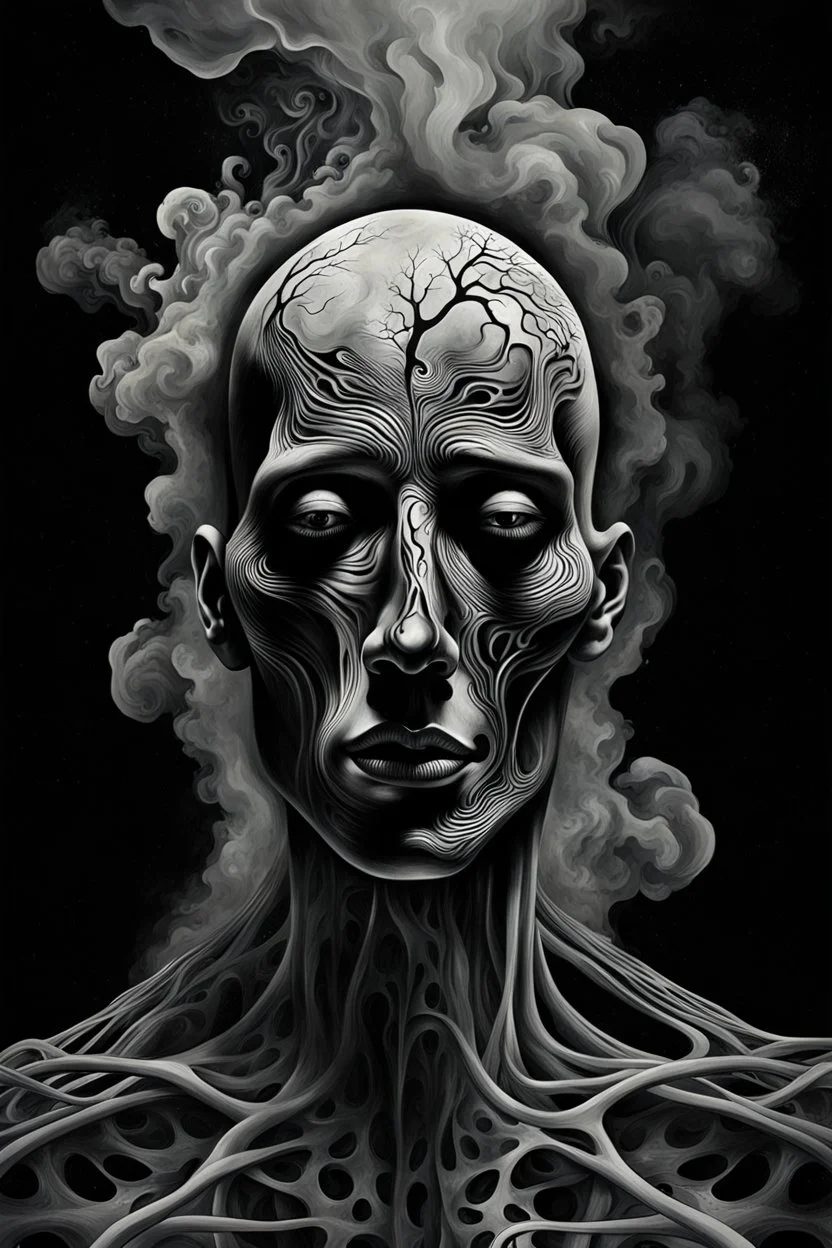 A surreal, painful and symbolic portrait of a human being slowly consumed by living darkness. Pale human skin, hollow face with empty black eyes, expression of painful realization. The darkness is not just shadow but a living entity emerging from the mind itself, abstract shapes and impossible forms rising like smoke from the depths of the subconscious. The shadows crawl across the face and body, devouring identity.