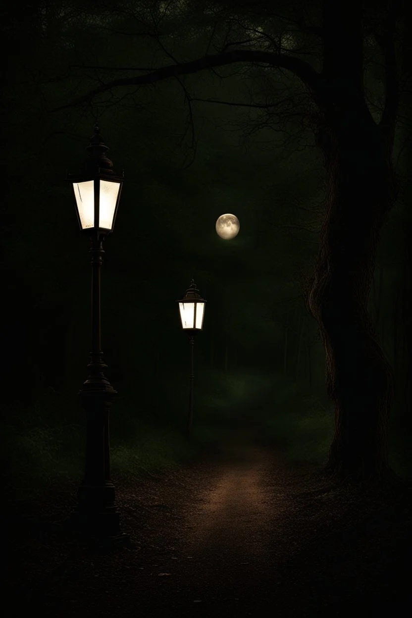 Night, lantern, square bench, dirt roads, trees, gothic horror films influence, creepy, photography