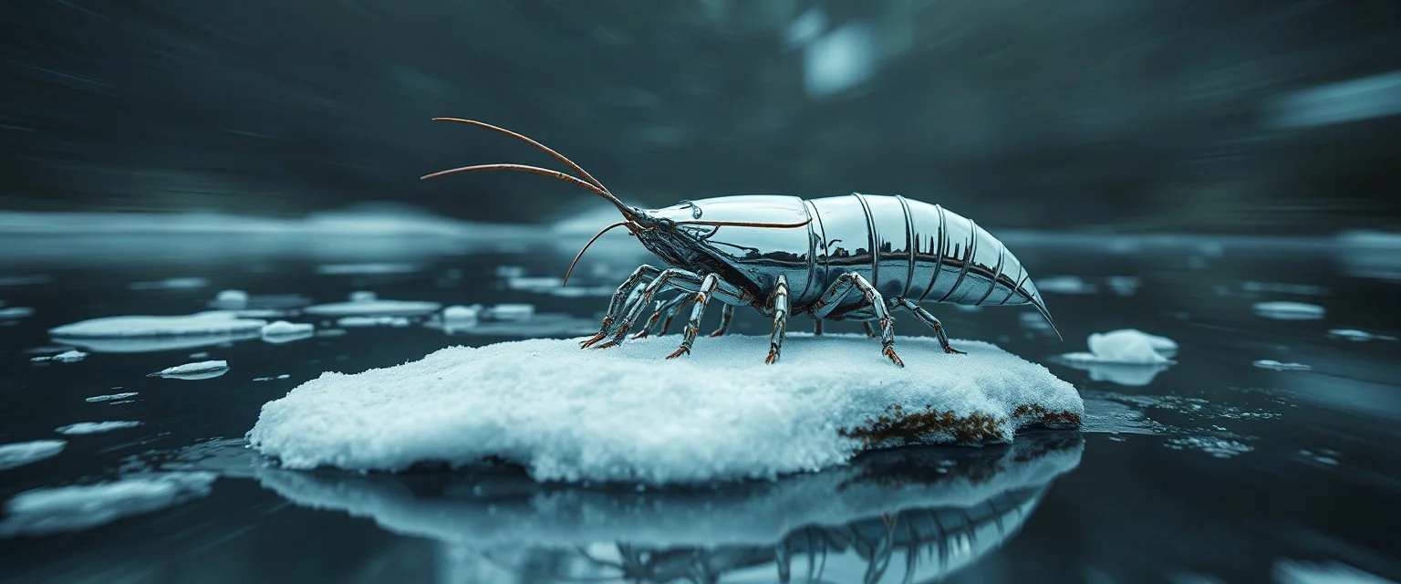 airbrush 3d rendering, close up perspective chrome centipede lobster space ship on small frozen island in lake, pinhole cam, background motion blur