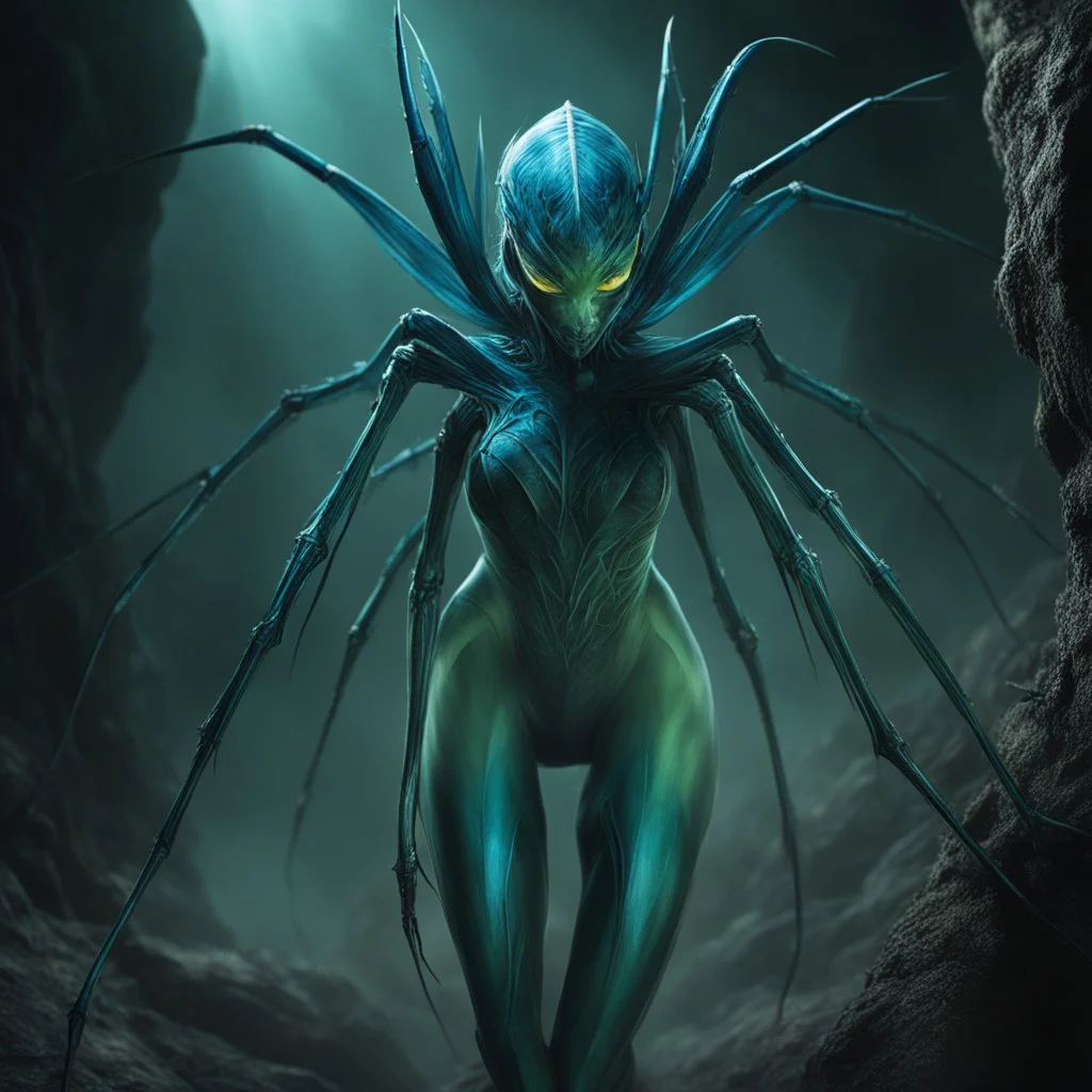 [photorealistic, greenish-blue] The Arachnomorph woman, a monstrous hybrid, had an elegant woman's upper torso merging seamlessly into a spider's abdomen. Supported by eight spindly legs ending in razor-sharp pikes, her obsidian eyes locked onto intruders with malevolent intelligence in the dimly lit cavern.