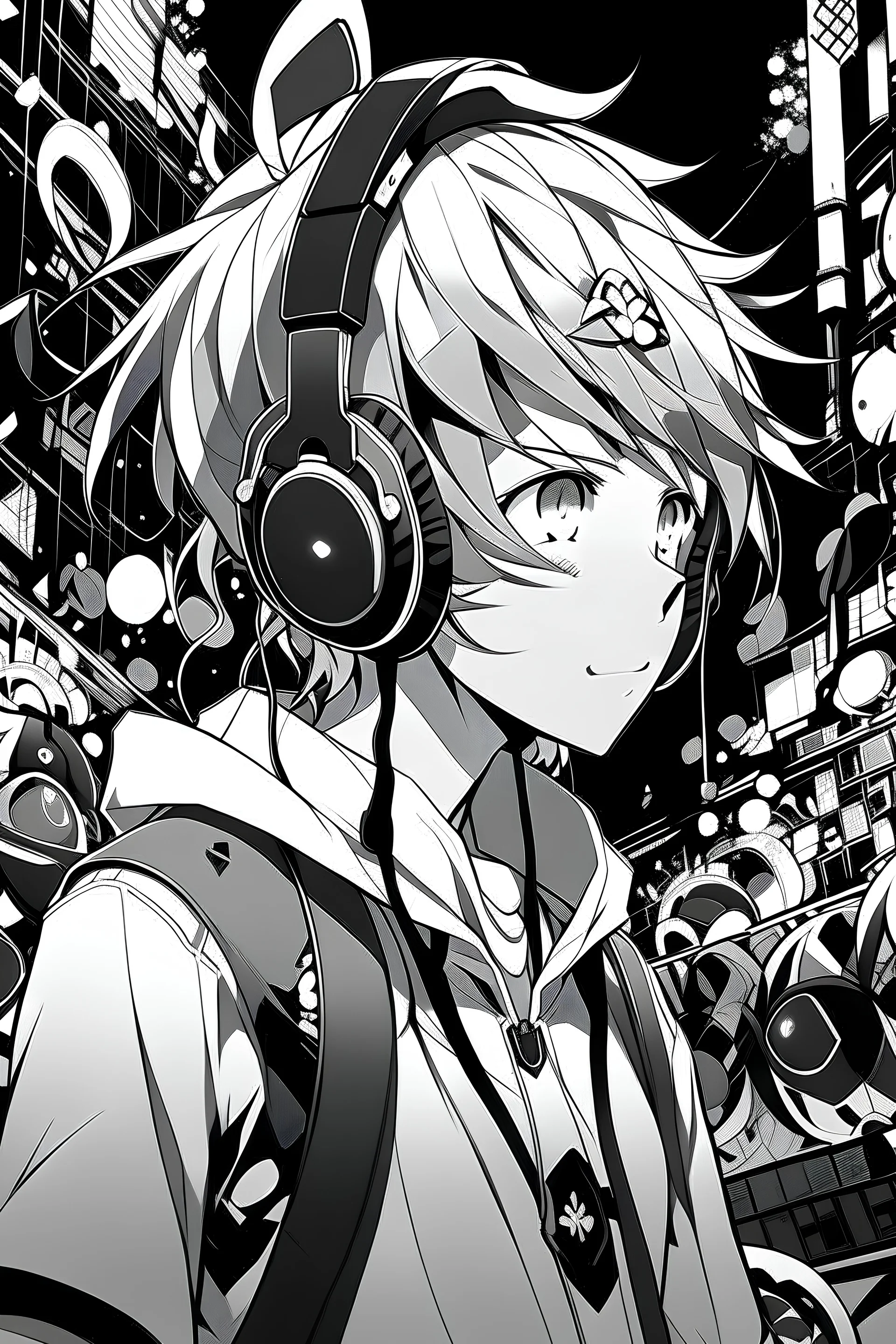 In the midst of a lively festival, a black and white anime boy adorned with headphones emerges.