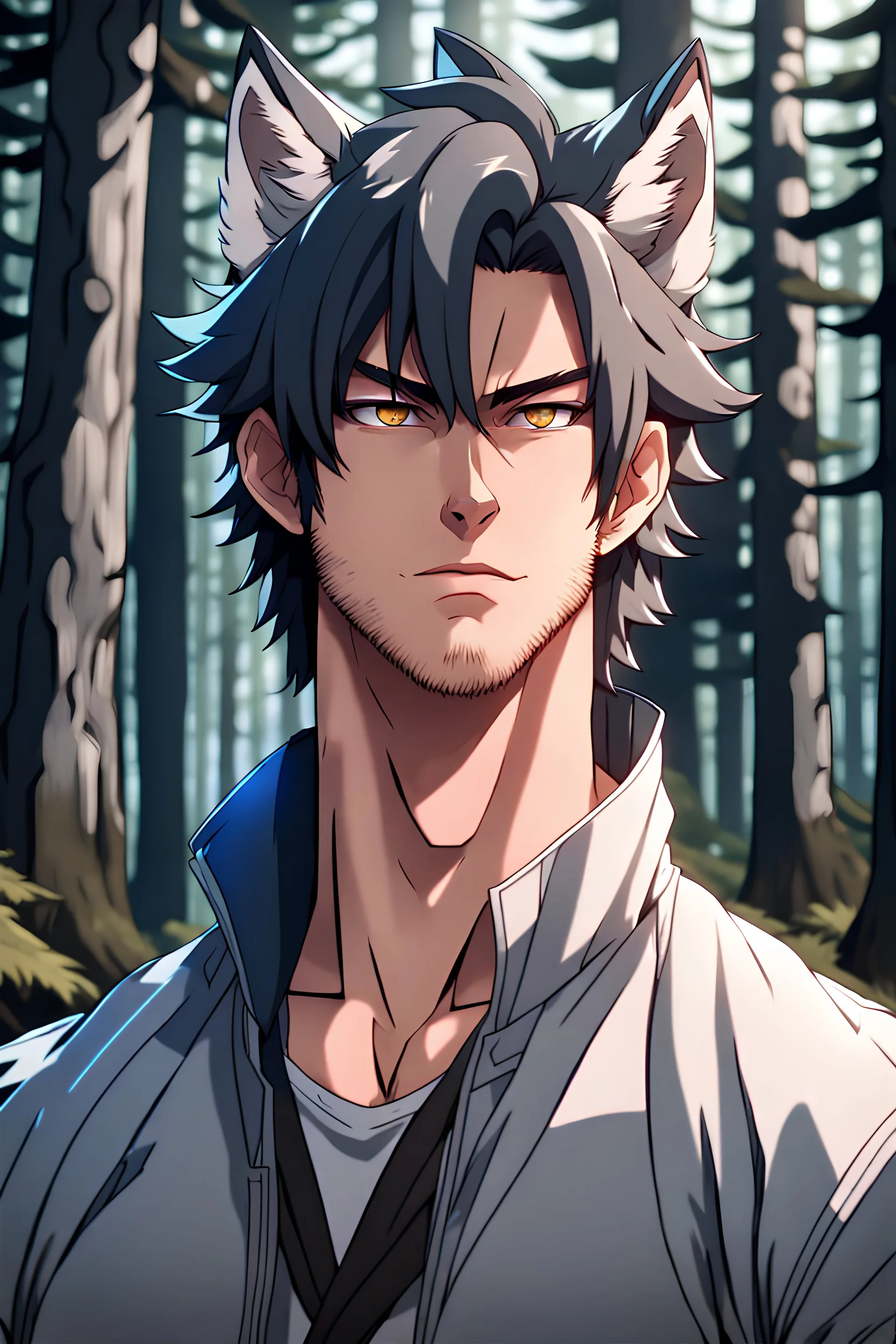 The handsome and perfect portrait is on the spruce land, anime, a casual and muscular male character with wolf ears and a feline tail in the forest, 8K resolution, high quality, ultra graphics, and detailed with lines.