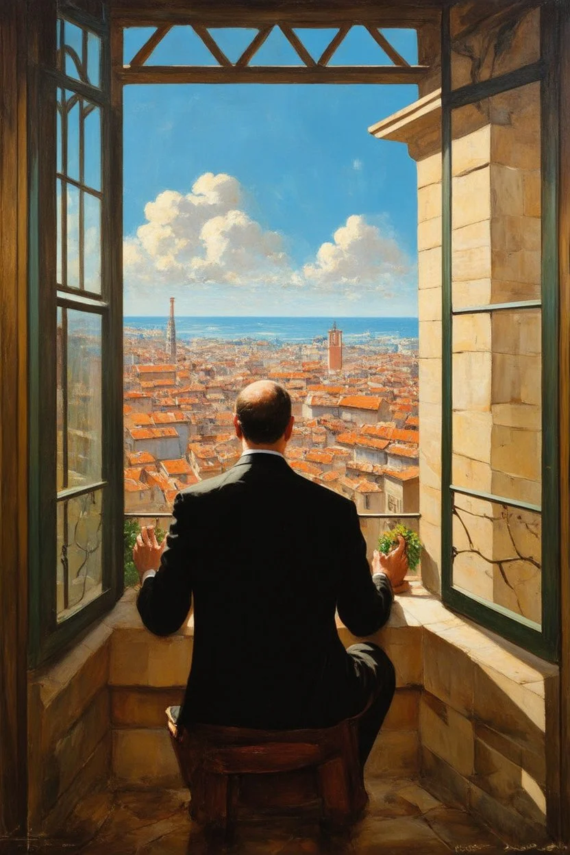 man is watching the city from the balcony painted by Caravaggio