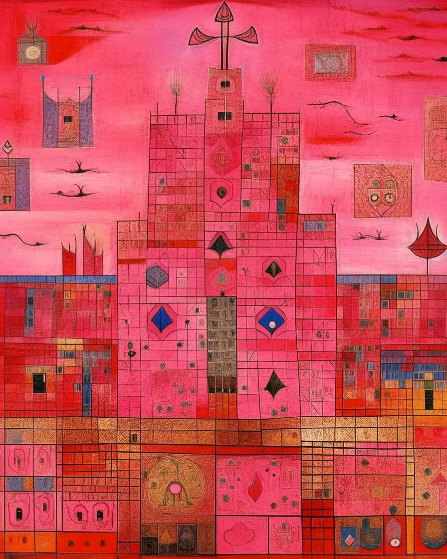 A pink magical casino with runes painted by Paul Klee