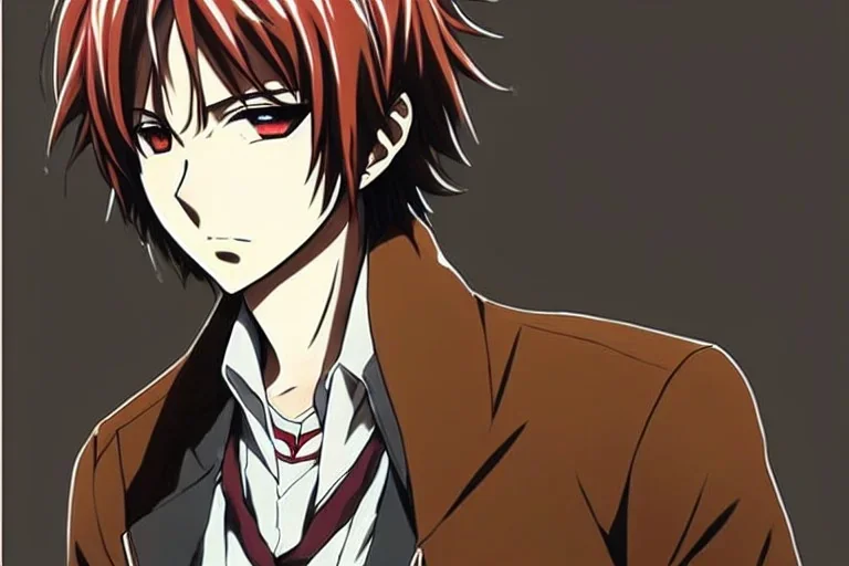 Detailed pretty anime boy, brown hair with blonde strips, keep head in frame, headshot, glaring, brown eyes, covered in bandages, looking serious, illustration, digital painting, only one character, color scheme red, wearing many bandages, Osamu Dazai inspired, anime inspired, manga, dazai, red hair, Chuuya, pretty, scruffy, angry, brooding, manga inspired, small nose, long lower eyelashes, handsome, one character, headshot, glaring, cute, wearing a bandage on neck, small nose, scruffy hair