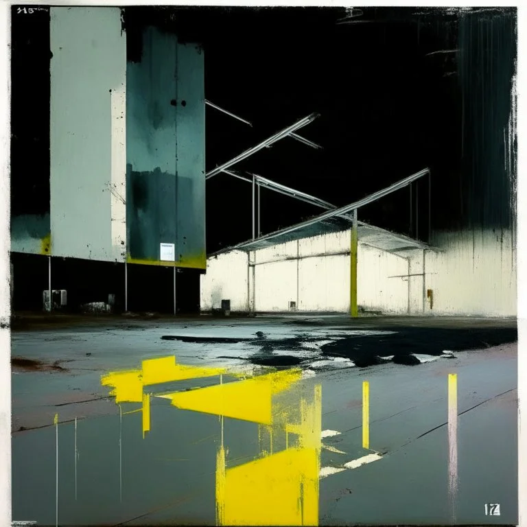 Minimal contemporary abstract oil paintings of desolate 1960s carpark with road markings and concrete fragments. Overlay with grungy typography graphics. style of Justin Mortimer and Francis Bacon.