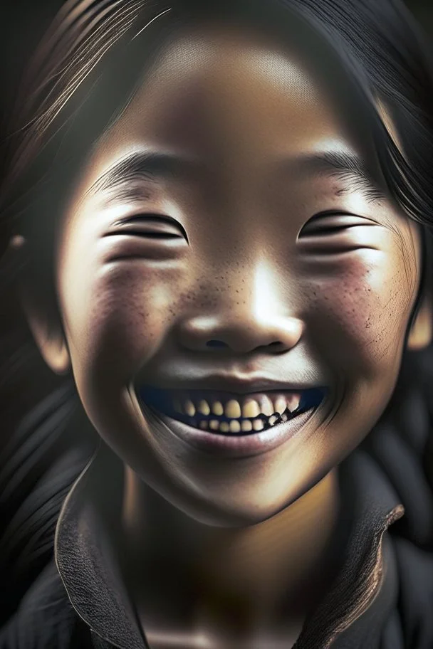 portrait of an asian girl 11 years old, smiling, cinematic photography, epic angle, dark colour tone, hyper-realistic