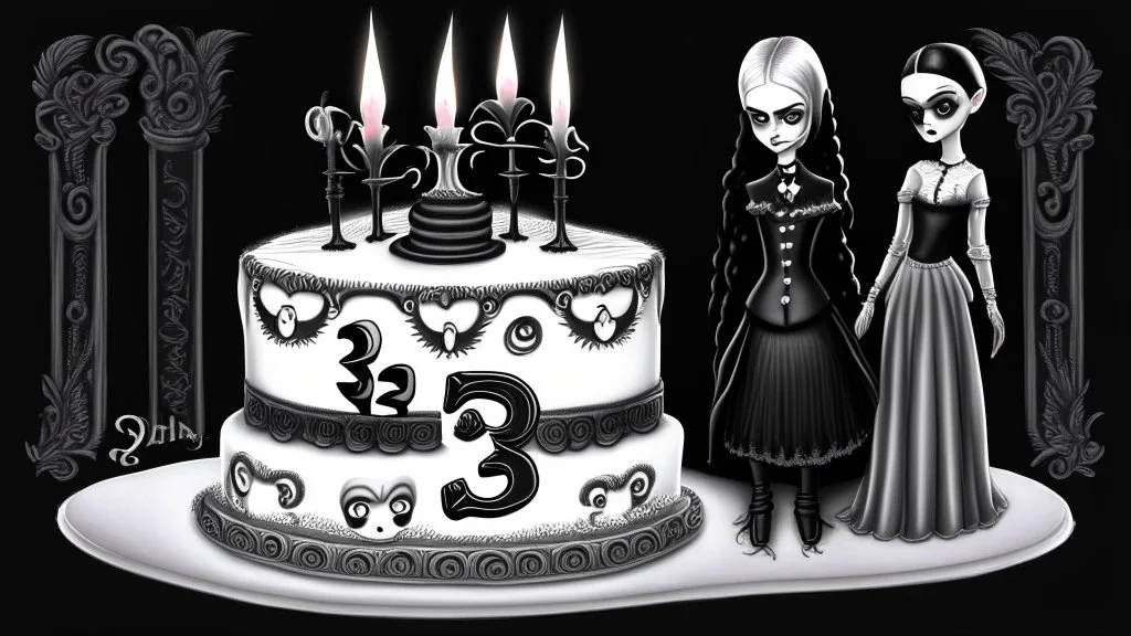 draw a birthday cake with logo number 23 and one candle 23 .Insanely detailed Addams Family with Barbie dolls.