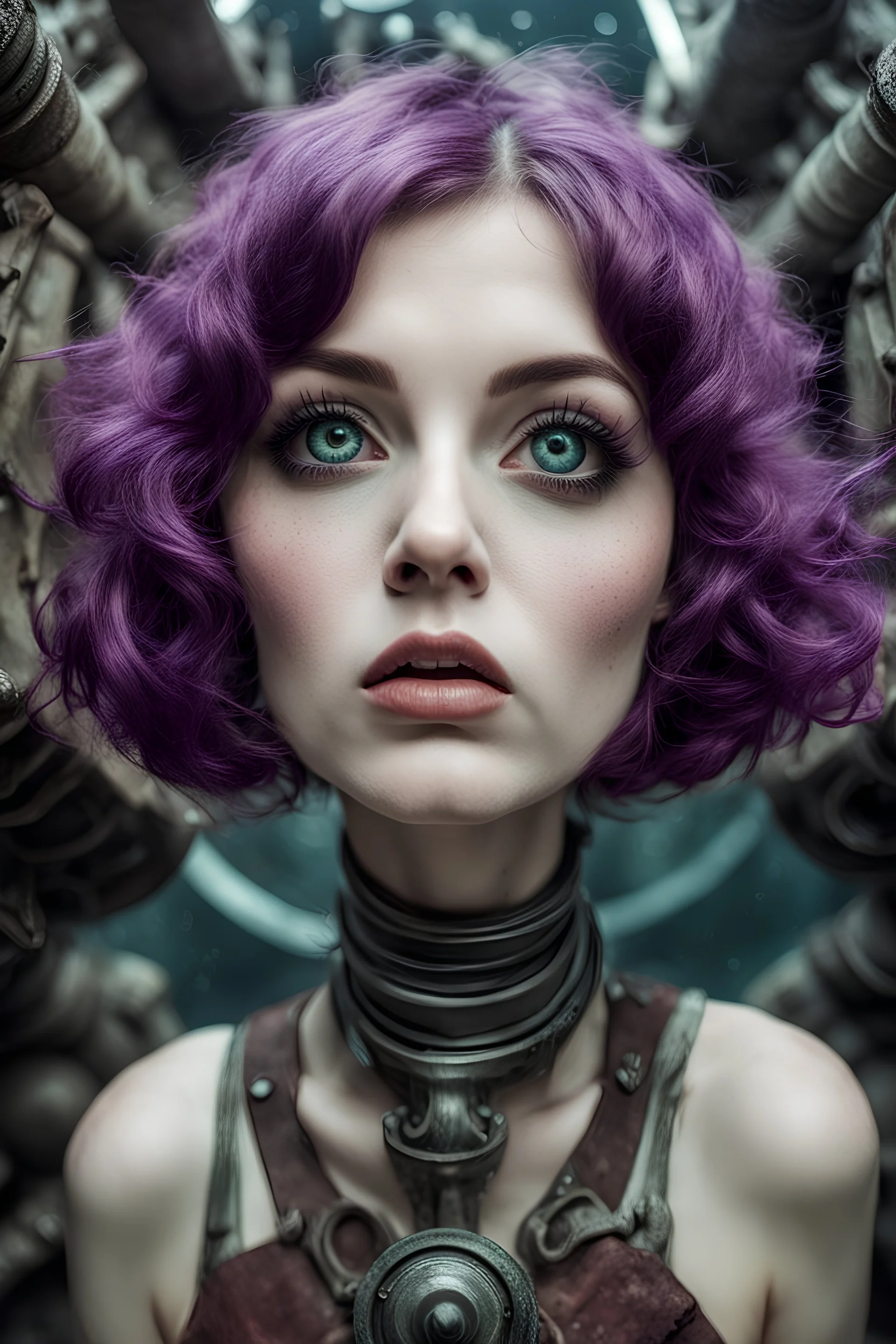 Closeup Girl with big dark purple eyes, short purple hair, dieselpunk, valves rising from the ground, the perspective looking up from the bottom of an empty well , Underwater 8k, macro photography by <John Kenn Mortensen>, darkred tones,