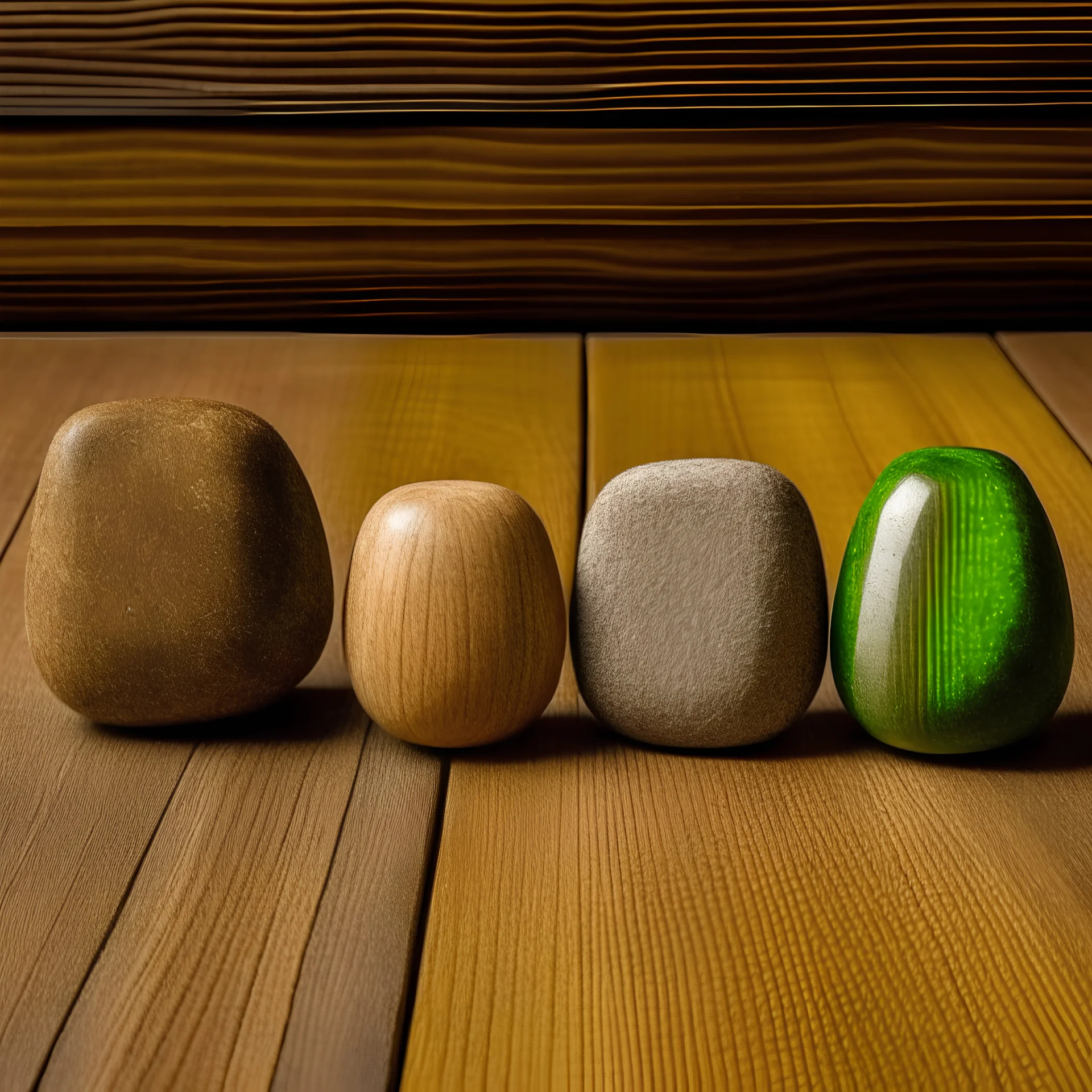 five stones of different shapes are on a wooden table