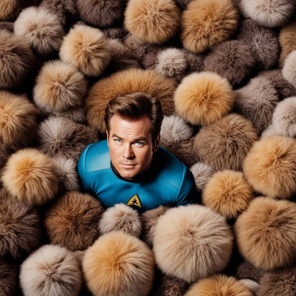 looking down from high above, James T Kirk, in star trek uniform, squeezing out of a big pile of tribbles