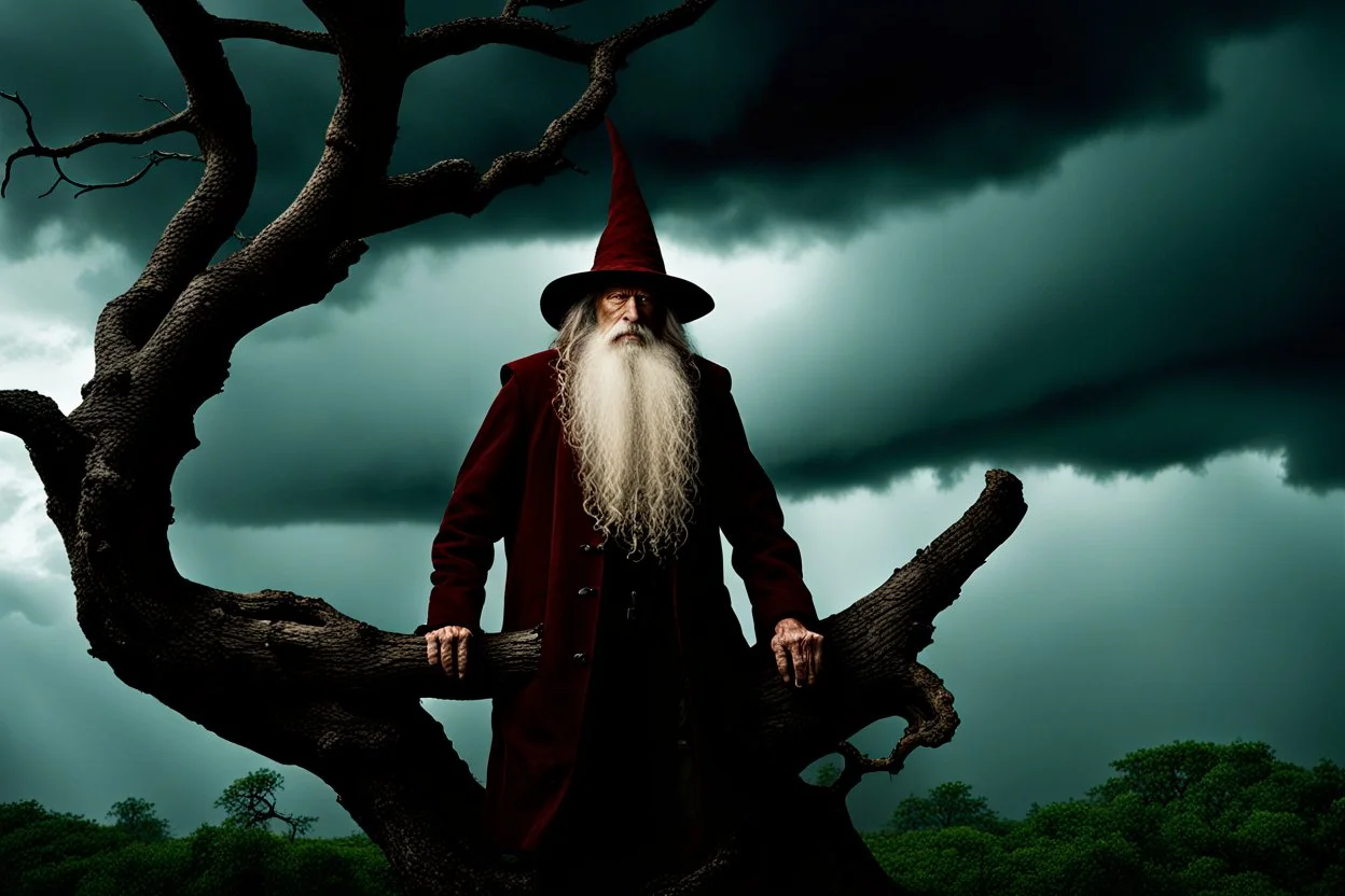 Prompt Share: editorial style photo of [old wizard|craggy tree:0.5] in front of storm clouds, photo-realistic, surreal