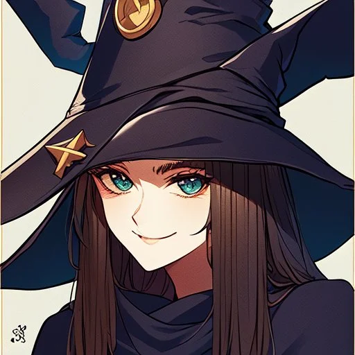 retro style, witch, witch hat, witch robe, expression smiling, portrait