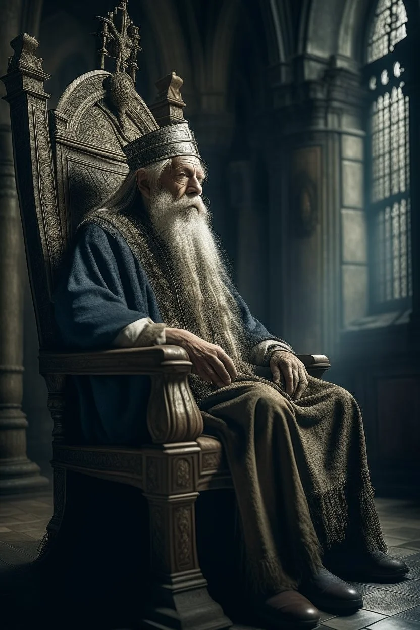 An old king with a long beard and crown sitting on an a chair in side an old castle bound by a with worries a high definition cinematic theme