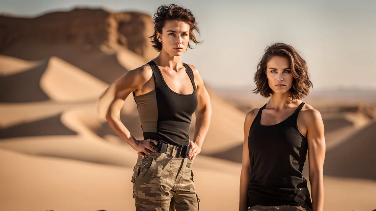 beautiful caucasian female technician, black tank top, well toned muscles, scratched sand camo metal details, short brunette wavy bob haircut, dystopian, desert scene