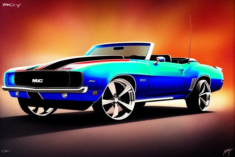 pen and color marker, true-to-life 1969 chevrolet camaro convertible pro street, two-tone paintwork, centered, intricate, extreme detailed, photorealism, center view, stylized random background, pivot on camaro, painting by cheryl kelley