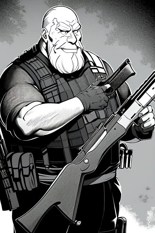 old man behind the aiming with a shotgun, greyscale