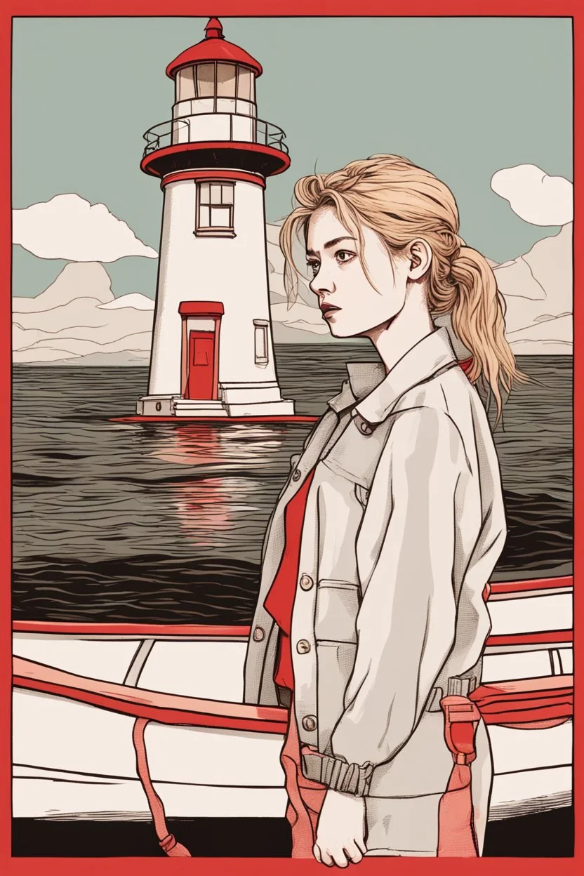 23 years old girl, with blond hair and a messy bun like selah sue. standing on in a red boat, wearing red clothes and holding binoculars watching something in the middle of the sea. She is standing in a lighthouse. Wes anderson style. In front. Sarcastic vibe.