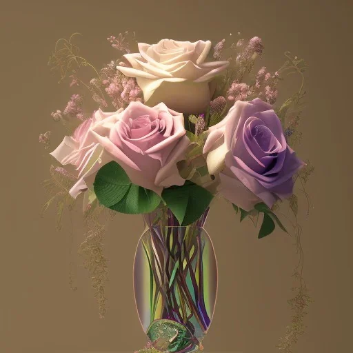 the most stunning, gorgeous, iridescent bouquet of roses with stem and leaves, muted rainbow colors, ultra-fine detail, 8k, sharp, crisp, decorative, high-quality, 3d, photoillustrative, realistic, rocco, detailed matte, selina french, anna dittmann, lisa parker, greg rutowski