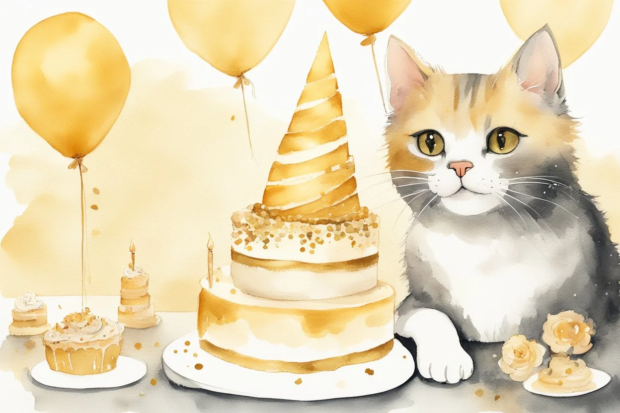 beautiful composition, cat birthday party with cake, watercolor and ink, golden glitters in ochre in sunshine