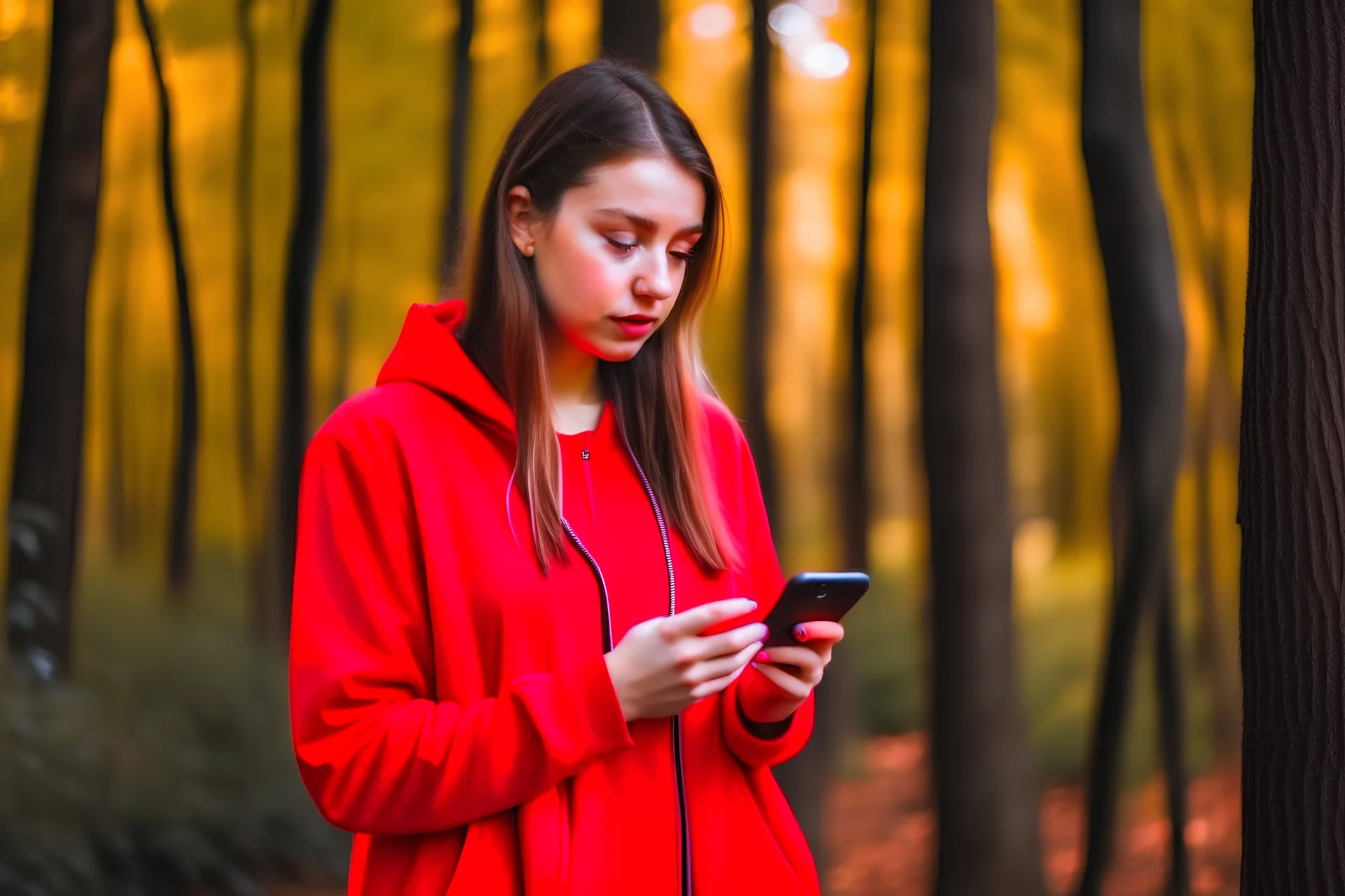 young woman in red clothing standing in a forest holding a smartphone