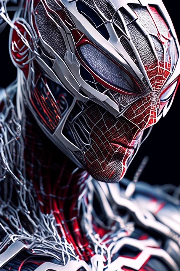 Arte lineal Spiderman cyborg, calidad ultra, hiperdetallado, maximalista, color blanco, increíble obra