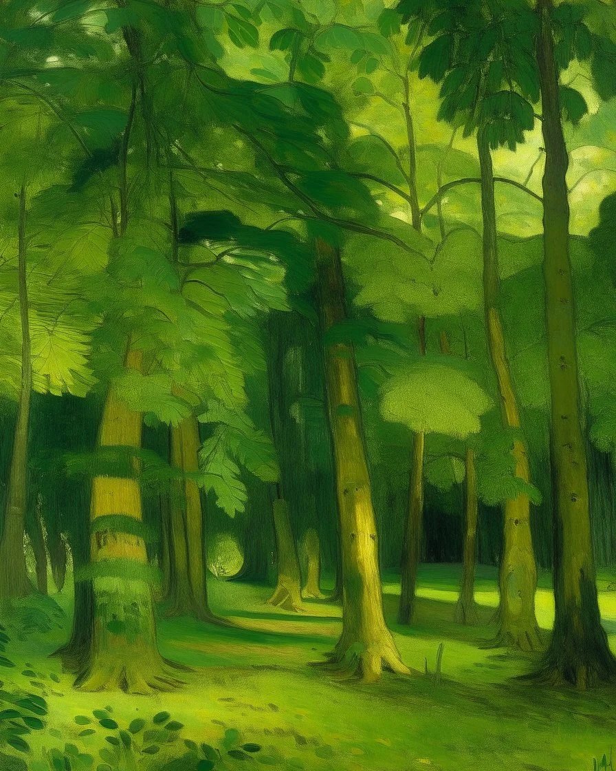 A green forest with giant trees painted by Paul Gauguin