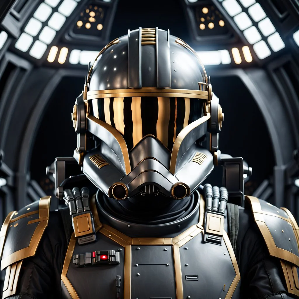 star wars bald male corellian pilot wearing gunmetal grey and black First Order special forces TIE pilot armored flightsuit and helmet with gold trim inside the jedi temple, centered head and shoulders portrait, hyperdetailed, dynamic lighting, hyperdetailed background, 8k resolution, volumetric lighting, light skin, fully symmetric details