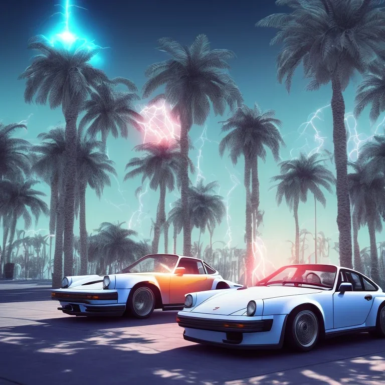 1980's aesthetic vaporwave palm trees and spheres and Porsche with lightning