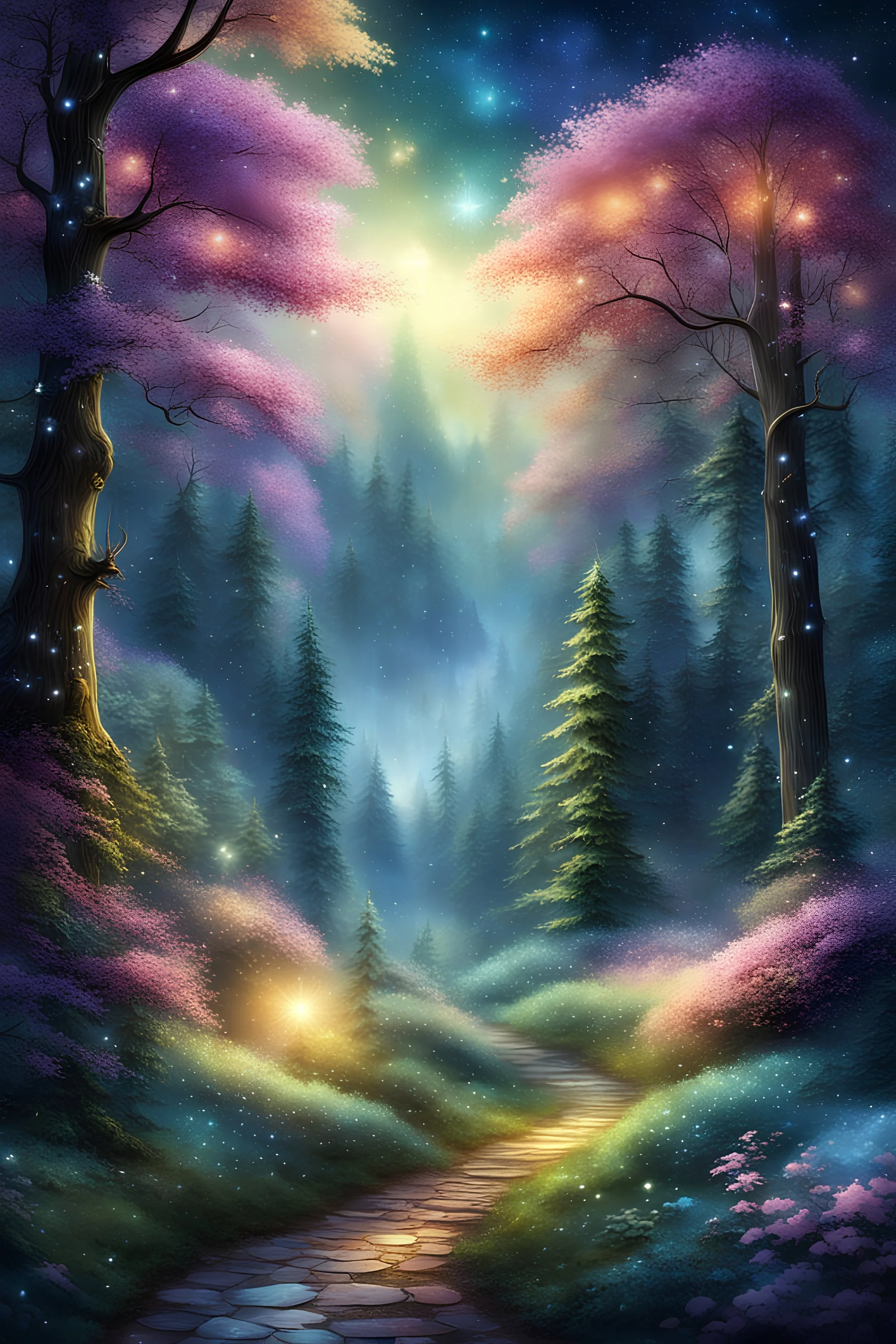 space background, abstract beautiful light, New Year's forest, fairy-tale mystical setting, fantastic atmosphere, thomas kinkade